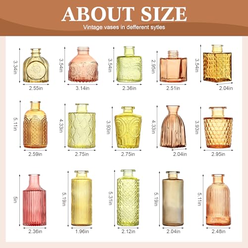 15 Pcs Colored Bud Vase Set,Vintage Glass Vases for Flower Centerpieces Wedding & Party Decor,Home Table Decorations,Bud Vases in Bulk for Housewarming - color: Orange Yellow Series