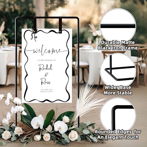 Wedding Sign Holder, Adjustable Welcome to Our Wedding Sign Stand W/Design Bundle & Leather Sign Hanging Straps, Heavy Duty Easel Stand for Sign, Wedding Seating Chart Stand, Easel for Display (Black) - color: Black
