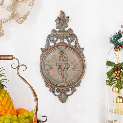 Sungmor Ornate Cast Iron Wall Art Plaque – Classical Woman Relief in French Country Style, Decorative Wall Sculpture - Vintage Hanging Décor for Home, Garden, or Patio – Rustic Black Finish - color: Red Copper & B