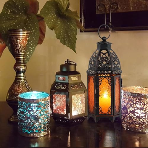 DECORKEY Moroccan Lanterns Decorative Indoor & Outdoor, 11’’ Medium Size Vintage Metal Hanging&Tabletop Candle Holder Decor, Halloween Christmas Ramadan Decorations for Home Porch Patio (Amber) - color: Amber - 11''h, size: Medium