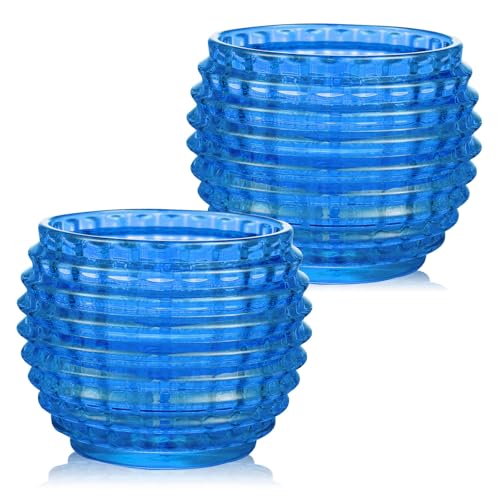 2 Pack Blue Glass Votive Candle Holders for Home Decor Round Bubble Tea Light Holder for Valentine’s Day Table Centerpiece Wedding - color: Blue