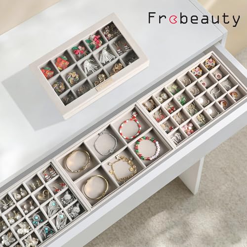 Frebeauty Earring Holder Stackable Jewelry Trays,Velvet Drawer Jewelry Organizer with Glass Lid, 5 in 1 Jewelry Box for Earrings Rings Studs,10.5 x 6.5 x 5.55 Inches Gift for Women (Grey) - color: Grey, size: Set5-B