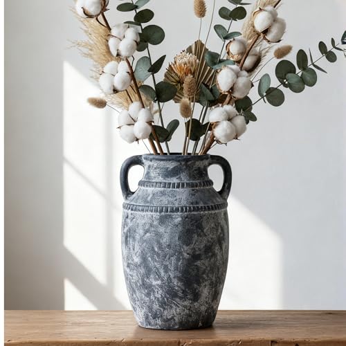 Lvases Farmhouse Rustic Ceramic Vase with Handles, 11 inch Gray-White Textured Modern Terracotta Vintage Vases for Home Decor Centerpieces Table Pottery Barn Furniture Decorative (Tall - C) - color: Gray+white, size: 6 in X 11 in