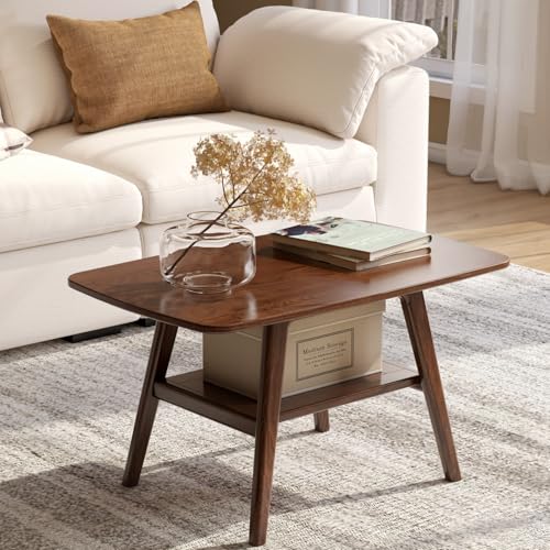 100% Solid Oak Wood Coffee Table for Living Room, 2-Tier Small Table with Storage Shelf, Mid Century Modern Coffee Tables (Walnut, 31.49" x 19.68" x 17.32") - color: Walnut Colour, size: 31.49"W x19.68" D x 17.32" H