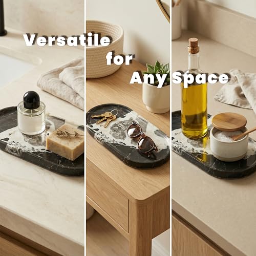 11.8 x 5.9 Inch Oval Black and White Natural Marble Tray for Bathroom Vanity, Solid Stone Perfume Organizer and Decorative Kitchen Countertop Trays