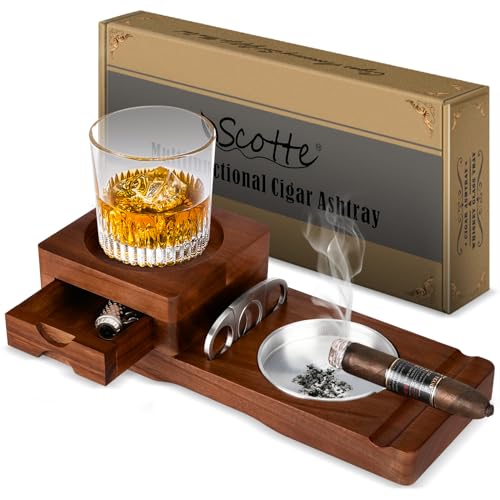 Scotte Ashtray Coaster Whiskey Glass Tray & Wooden Ash Tray with Cigar Cutter, Includes Drawer and Cigar Slot - Great for Home, Office or Outdoor Use (Deep Brown) - color: Deep Brown