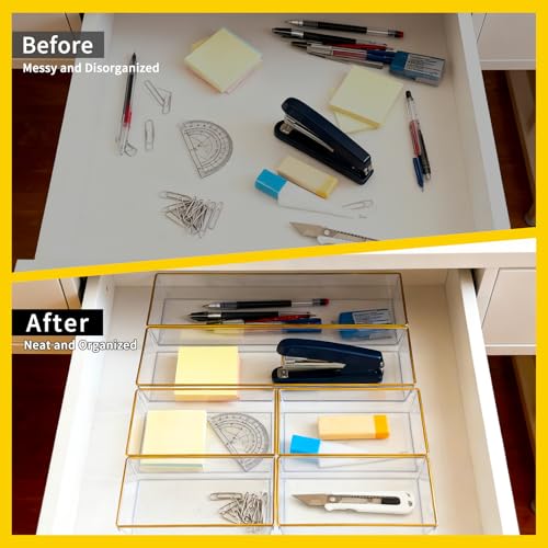 6 Pack Large Size Clear Stackable Drawer Organizer Trays, Gold Rim Makeup Drawer Storage Tray Divider, Desk Storage for Makeup, Jewelry, Bathroom, Stationary, Kitchen Utensils and Office Desk - color: Gold, size: 6 PACK