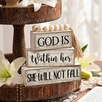 Lineshading 4 Pcs Christian Table Decor Rustic Wooden Block Sign Set with God Is Within Her She Will Not Fall Farmhouse Stacked Decor with Beaded Garland Tassel Christian Home Decors for Office, Shelf - style: Bead