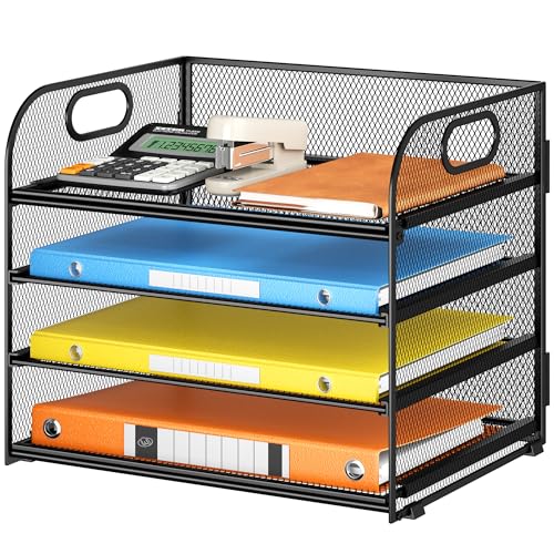 Lavatino Paper Organizer for Desk, 4-Tier Desk Organizer Tray, Mesh Desktop File Organizers with Handle, Office Classroom Organization and Storage-Black - color: 4 Tier - Black