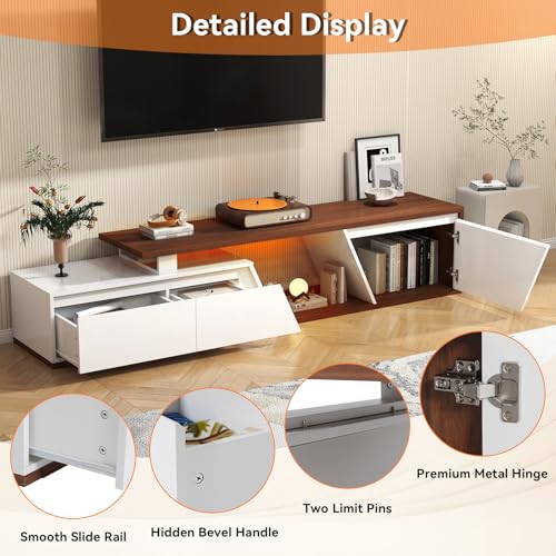 Verano Garden Extendable TV Stand with Led Lights, Wood TV Media Console with 2 Drawers & 1 Cabinet, Modern Entertainment Center Up to 90 Inch TV for Living Room Bedroom, 63" - 90.6" (White & Walnut) - color: White & Walnut