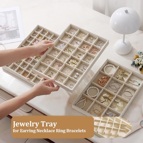 Large Jewelry Drawer Organizer Trays Set of 4, Stackable Velvet Jewelry Trays Organizer Holder Display Storage Showcase for Earring Necklace Bracelet Ring Accessary (Beige, 12+12+24+48 Grids) - color: Beige, size: 12+12+24+48 Grids