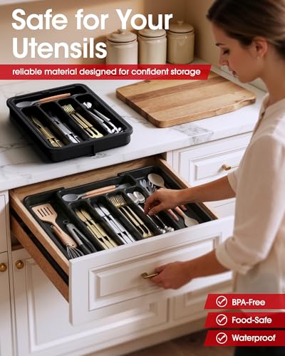 Aujen Silverware Organizer - Expandable Kitchen Drawer Organizer, Adjustable Utensil Organizer, Cutlery Tray for Forks, Knives, Multipurpose Kitchen Organizers and Storage Solution, Black, Medium - color: Black, size: Medium