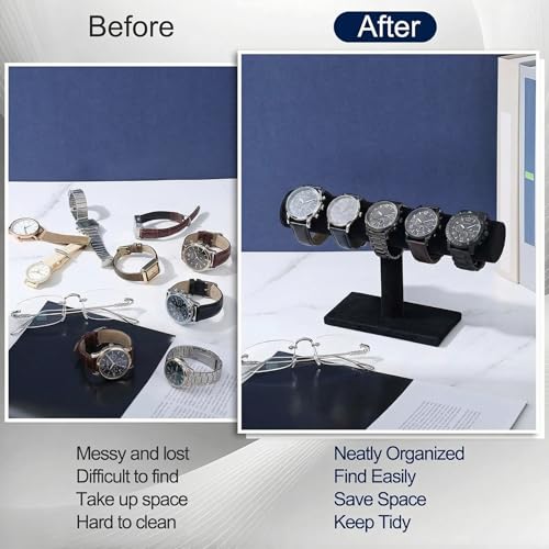 Wenqik 2 Pack Watch Holder Stand, Velvet Watch and Bracelet Display T Bar Stands, Jewelry Organizer for Watches Bracelets and Bangles, Countertop Display for Dresser, Store or Home, Black