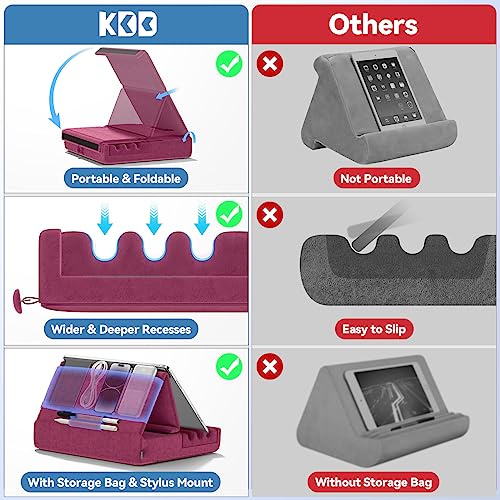 KDD Tablet Pillow Holder, Foldable iPad Stand for Lap, Bed and Desk -Tablet Soft Pad Dock with Pocket & Stylus Mount Compatible with iPad Pro 12.9, 10.5, 9.7 Air Mini 6 5 4 3, Galaxy Tab, E-Reader - color: Purple