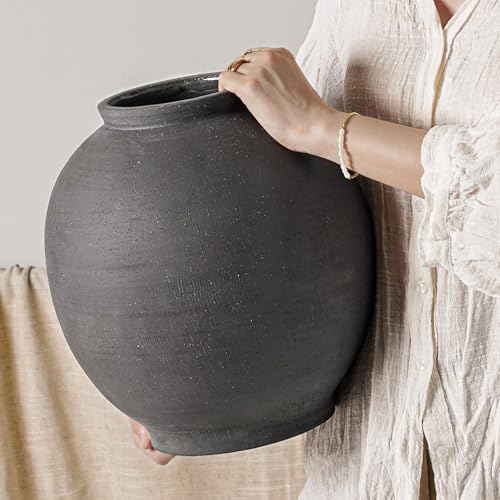 Black Ceramic Vase - Large 12.5 Inch Round Floor Vase for Centerpieces, Farmhouse Flower Vases, Rustic Minimalist Home Decor,Sandstone Dark Grey - color: Sandstone Dark Grey, size: 12.5 inch