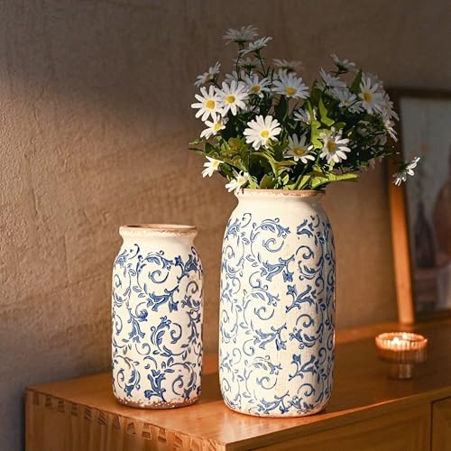 VICTOR & TERESA Rustic Blue and White Vase for Home Decor, Ceramic Vases for Flowers, Modern Farmhouse Decorative Vases for Pampas Grass,Table, Mantel, Living Room,Bookshelf, Centerpieces, 8'' - color: Blue and White, size: Medium-8''