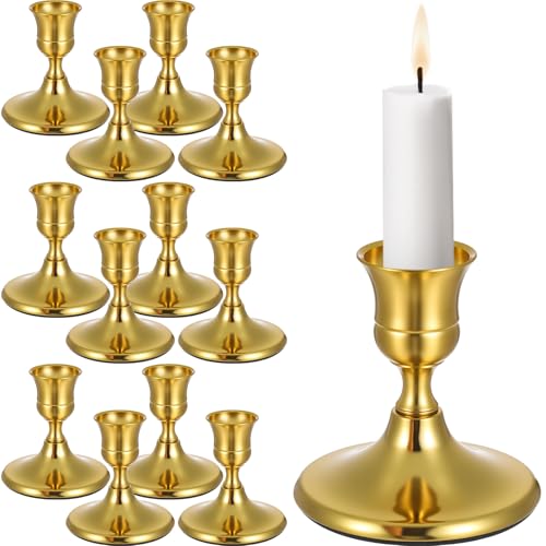 12PCS Brass Gold Taper Candle Holders Set, Vintage Metal Brass Candlestick Holders for for Dinner Room Table Centerpiece Mantel Wedding Christmas Birthday Party Holiday Dinning Table Decor