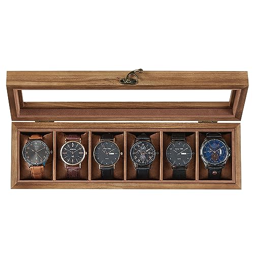SONGMICS 6-Slot Watch Box, Watch Display Case with Large Glass Lid, Removable Watch Pillows, Velvet Lining, Gift Idea, Rustic Walnut UJOW006K01 - color: Rustic Walnut, size: 1 Layer 6 Slot