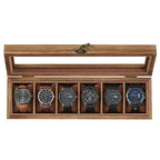 SONGMICS 6-Slot Watch Box, Watch Display Case with Large Glass Lid, Removable Watch Pillows, Velvet Lining, Gift Idea, Rustic Walnut UJOW006K01 - color: Rustic Walnut, size: 1 Layer 6 Slot