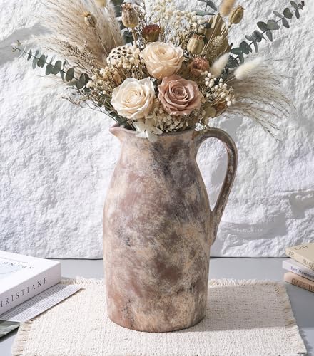 Ceramic Flower Vase with Handles,11" Neutral Tall Clay Terracotta Vases Farmhouse Table Vases with Handle Living Room Decor Rustic Pottery Pots for Home Shelf Coffee Dining Desk Fireplace - color: B-11"h-terracotta