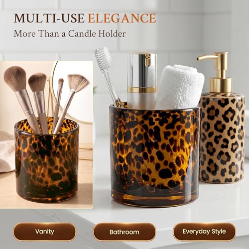 Tortoise Shell Candle Holder | Cheetah & Leopard Print Candle Holder | Large Amber Glass Votive 4.7" for Vanity | Animal Pattern Glass Decor | Tea Light, Jar Candle & Vanity Accent