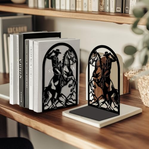 Peacoblue Metal Bookends for Shelves, Modern Decorative Heavy Duty Study Book Ends Stoppers for Office, Desk, Shelf, Room 5.3"x4.3"x7.9" Cast Iron Simple Tall Bookends 1 Pair (Cowboy Horse Riding) - style: Cowboy Horse Riding