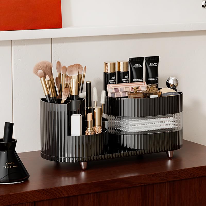 Rotating Vanity Organizer with Brush Holder and Drawer, 3 Layer Cosmetic Skincare Storage, Large Countertop Makeup Perfume & Lotions Display Case (Black) - color: 3 Layer Rotating Makeup Organizer-Black