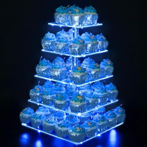 YestBuy 5 Tier Cupcake Stand Acrylic Cupcake Tower Display with LED Light Premium Cupcake Holder Dessert Tree Tower for Birthday Cady Bar Party Décor Weddings, Birthday Parties Events (Blue Light) - color: Blue, size: 5 tier