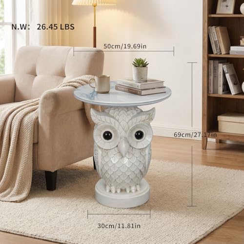 Luxurious Owl Side Table - 20" Premium Faux Marble Top Accent Table with Hand-Detailed Resin Owl Statue Base - High-End Round End Table for Study, Library, Nightstand - Tool-Free - color: White Owl