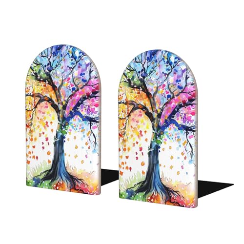 Decorative Bookends 2 Pcs Spring Summer Fall Winter Tree Wood Bookends for Shelves Heavy Books Kids Non-Skid Book Ends Stoppers for Office Desk Kitchen School - color: Spring Summer Fall Winter Tree