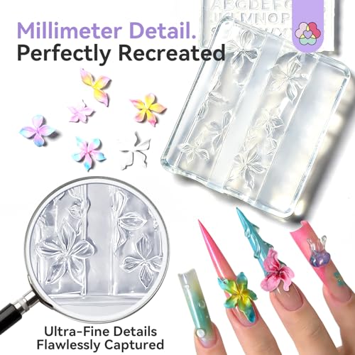 SAVILAND 3D Silicone Nail Art Molds: 5PCS Quick & Easy 3D Silicone Nail Molds with Flower Shell Letter Mold Reusable Clear Modeling Templates Tools for Fast Sculpting Design Home DIY Salon Manicure - color: Clear