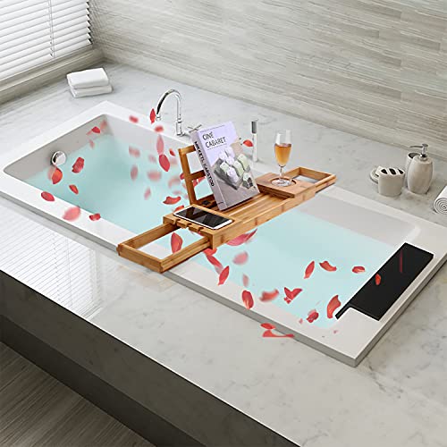 Utoplike Bamboo Bathtub Caddy Tray Bath Tray for Tub, Adjustable Bathroom Bathtub Organizer with Book Tablet Wine Glass Cup Towel Holder - color: 19.8-33.5 in