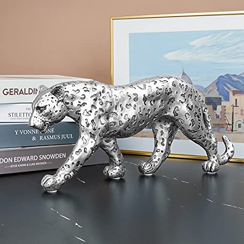 Cheetah Statue Home Decor Leopard Sculpture Resin Sitting Cheetah Figurine Desktop Table Top Ornament Decoration for Home Office-Gold Or Silver (Walking-Silver) - color: Silver