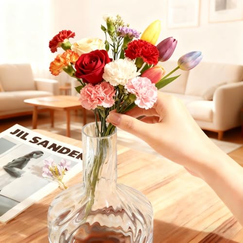 Clear Glass Vase Flower, Rippled Flower Vases with Wooden Base, 10-inch Modern Round Vases, Suitable for Living Room, Dining Room... (10in) - size: 10in