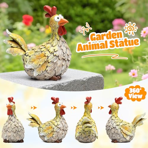 Outdoor Farmhouse Funny Chicken Statues Garden Cute Chicken Decorations Resin Animal Figurines Hen Yard Art Sculpture for Farm, Garden, Patio, Lawn, Outside Home Hen Decor