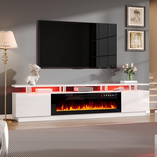 AMERLIFE 90" 2 Tier Fireplace TV Stand with 50" Fireplace, Modern Large Entertainment Center LED Lights, Media Console Table Storage Cabinets for TVs Up to 100", Living Room, White & Black - color: White & Black, size: 90"