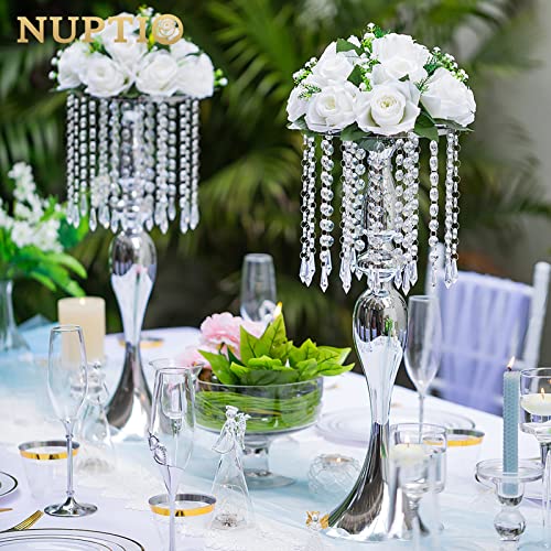 2 Pcs 21.3 inches Tall Crystal Metal Vase Wedding Road Lead Flower Holders Centerpiece Crystal Flower Chandelier Metal Flower Vase for Reception Tables Wedding Supplies - color: Silver, size: 2 x L