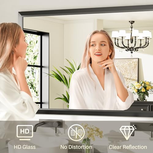 Briivue 55x30 Inch Black Bathroom Mirror for Wall, Thick Metal Framed Rectangle Mirrors for Over Sink, Bedroom, Living Room, Entryway, Anti-Rust, HD Tempered Glass - color: Black, size: 55"L x 30"W