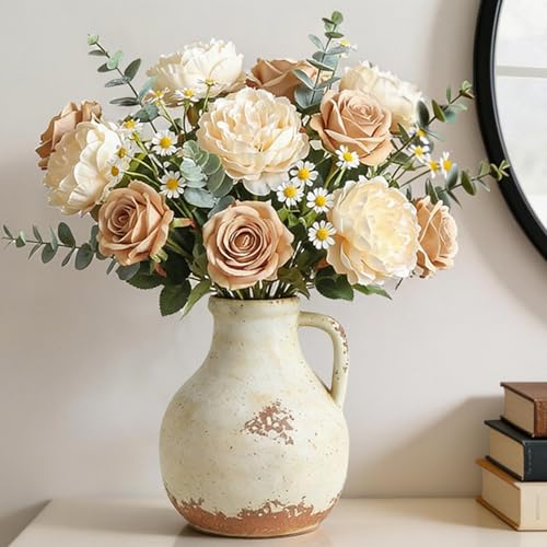 Ceramic Flower Vase Home Decor - 7.1 Inch Farmhouse Vases Rustic Vintage Living Room Kitchen Bedroom Decorations for House Book Shelf Office Coffee Desk Dining Fireplace - color: 204-3-7.1in