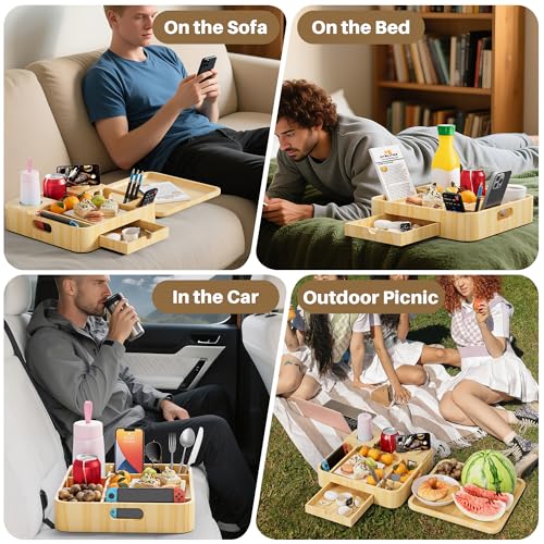 Couch Cup Holder, Couch Tray Cup Holder Sofa Tray, Large Capacity 2-Tier Wooden Trays with Drawer for Sofa, Bed, Picnic, Drinks, Snacks, Remote, Cell Phone, Headphones (Solid Pine Wood)12.5*12.5 in - color: Natural Pine Wood