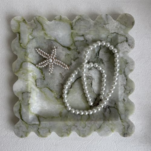 Vintage Natural Marble Tray Small Ornaments Scalloped Tray Handmade Storage Dish for Counter, Vanity, Dresser, Nightstand and Desk (Green Emerald) - color: Green Emerald
