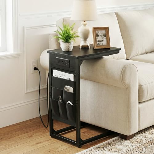 AMHANCIBLE C Shaped End Table with Charging Station, TV Tray Set of 2, Couch Tables with Storage Bag, Slide Under Sofa Side Table with USB Ports and Outlets for Living Room, Black, HET04CBK - color: Black