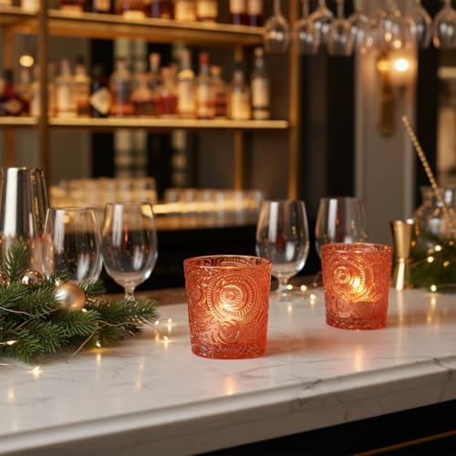 6 Pack Patented Sun Moon Star Embossed Glass Tea Light Candle Holders - Unique Votive Candle Holders for Wedding, Party, and Table Centerpieces (Pumpkin Spice) - color: Pumpkin Spice