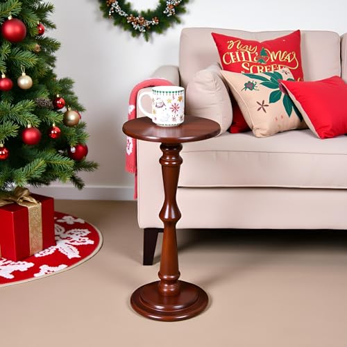 SwallowLiving Small Drink Table, Brown Wooden Round Side Table, Narrow Modern End Table with Pedestal Stand for Small Spaces, Beside Sofa Couch & Office, Tall Plant Display Stand, 12" W x 25" H - color: Brown Hourglass