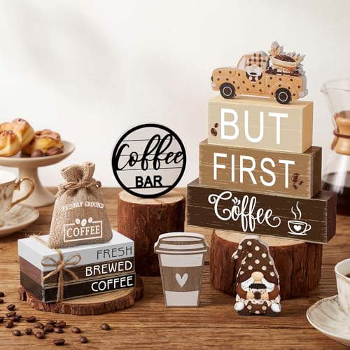 Vercraft 11 Pcs Coffee Bars Table Decorations Coffee Tiered Tray Decor Farmhouse Table Centerpiece Wooden Books Home Tabletop Decor for Home Kitchen - style: Coffee
