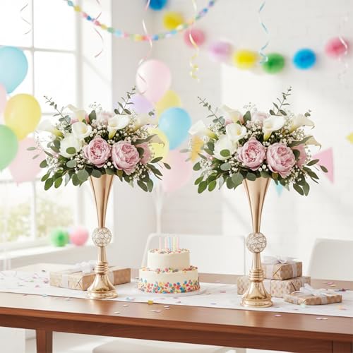 Crystal Gold Flower Vases for Centerpieces: Metal Trumpet Vases for Table, Elegant Flower Stands with Crystal Ball - Floral Decorations for Events Christmas Wedding Home Decor (Gold, 21.6in-2pcs) - size: 21.6in-2pcs