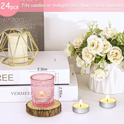 24 Pcs Pink Glass Votive Candle Holders, Tealight Candle Holders for Table Centerpieces, Vintage Candle Holder Bulk, Boho Wedding, Valentine's Day Table Decor (Pink) - color: Pink