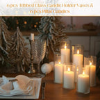 12 Pcs Wedding Pillar Candles and Ribbed Glass Candle Holder Vases Tall Cylinder Holders for Pillar Candle Clear Ribbed Bud Vase for Wedding Table Centerpiece, Total 6 Sets