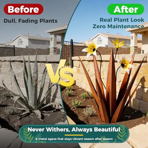 2 Pack Metal Agave Plant Sculptures, Outdoor Agave Plants, Tequila Rustic Sculpture, 16” Hand Painted Garden Decoration Yard Art Plant - color: Rust 2pcs W/ Flower