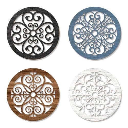 Zzbakress 4 Pieces Farmhouse Wall Decor Rustic Circle Wall Decor Wooden Hollow Carved Round Wall Art for Living Room Bedroom Kitchen Bathroom Home Wall Decoration (Delicate, Colorful) - color: Delicate, Colorful